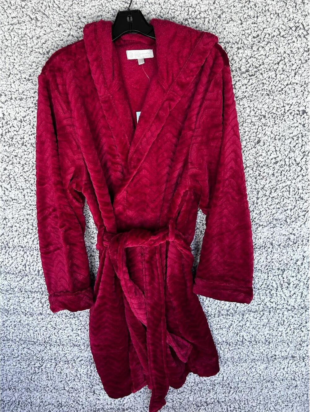 Alexander Del Rossa Hooded Plush Bathrobe Burgundy L Soft Cozy